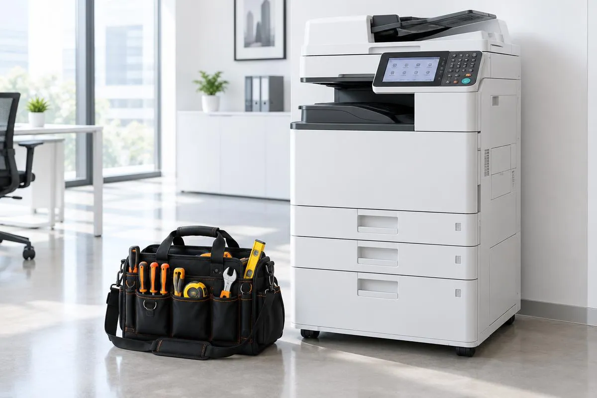 An engineer's tool bag beside a photocopier