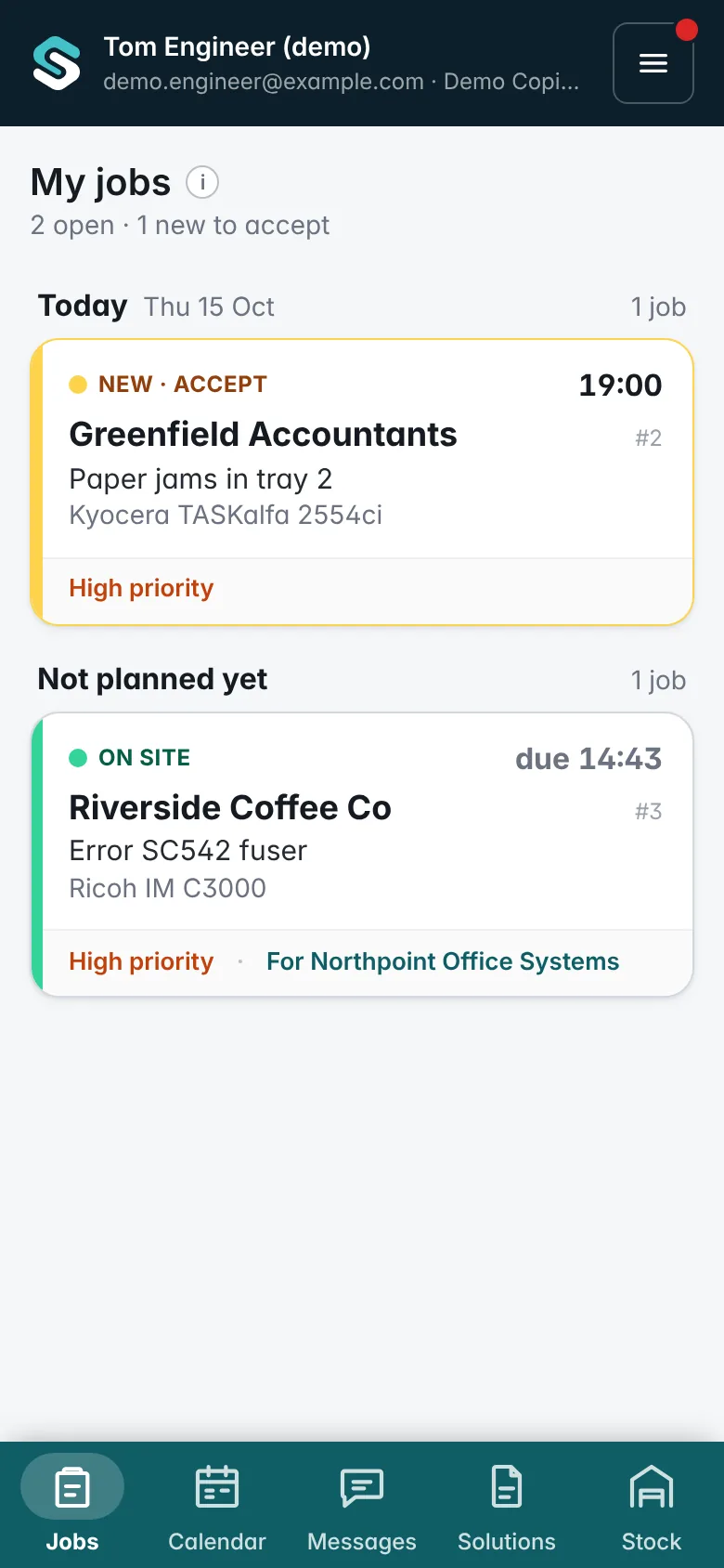 The engineer's list of assigned jobs on a phone