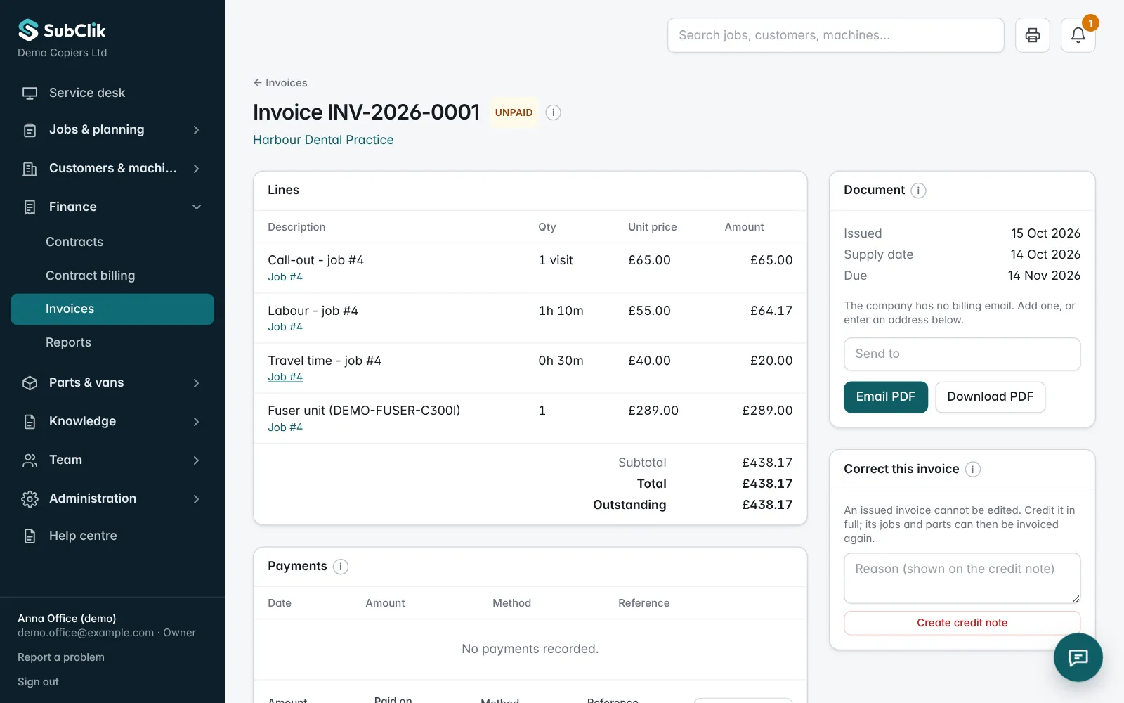 An issued invoice built from the job: call-out, labour 1h 10m, travel 30 min and the fitted part