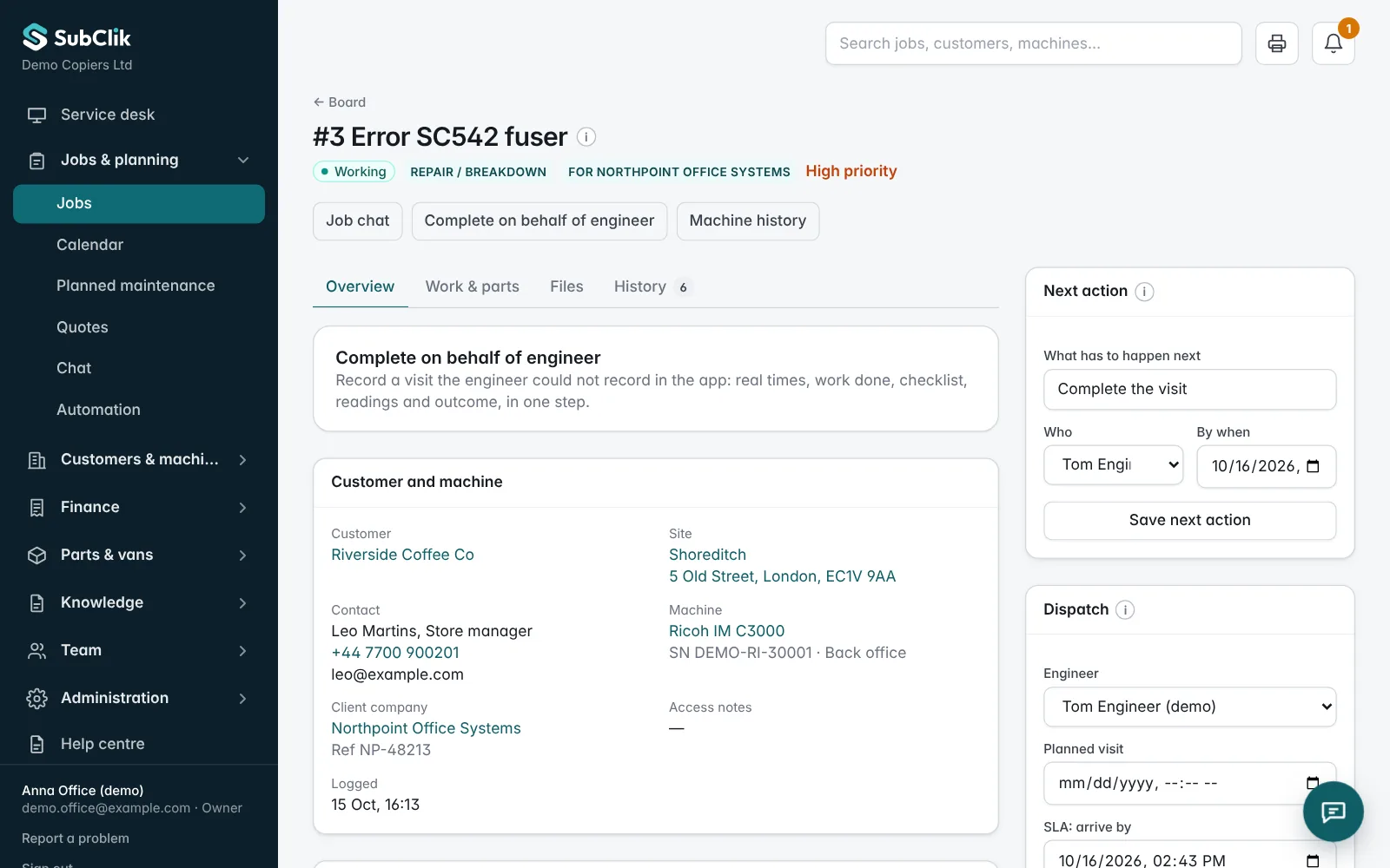 A service job in the office portal with the fault, machine, recorded time and parts